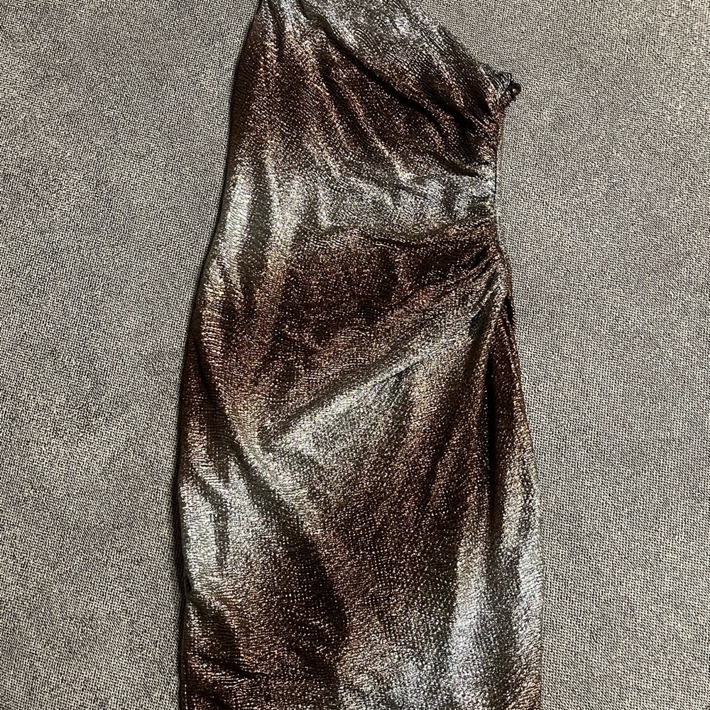 Maggy London Shimmering One-Shoulder Dress in Brown and Silver